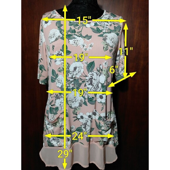 Nina Leonard Women Pink Floral Sheer Hem Pockets Short sleeve Tunic‎ Size M - Picture 2 of 7